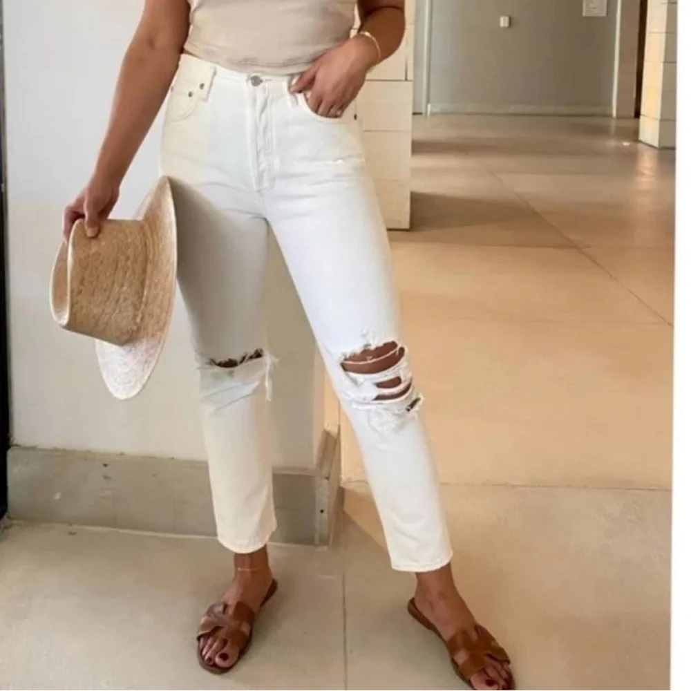 AGOLDE Riley High Rise Straight Crop Jeans Veil White‎ Distressed Womens Size 24